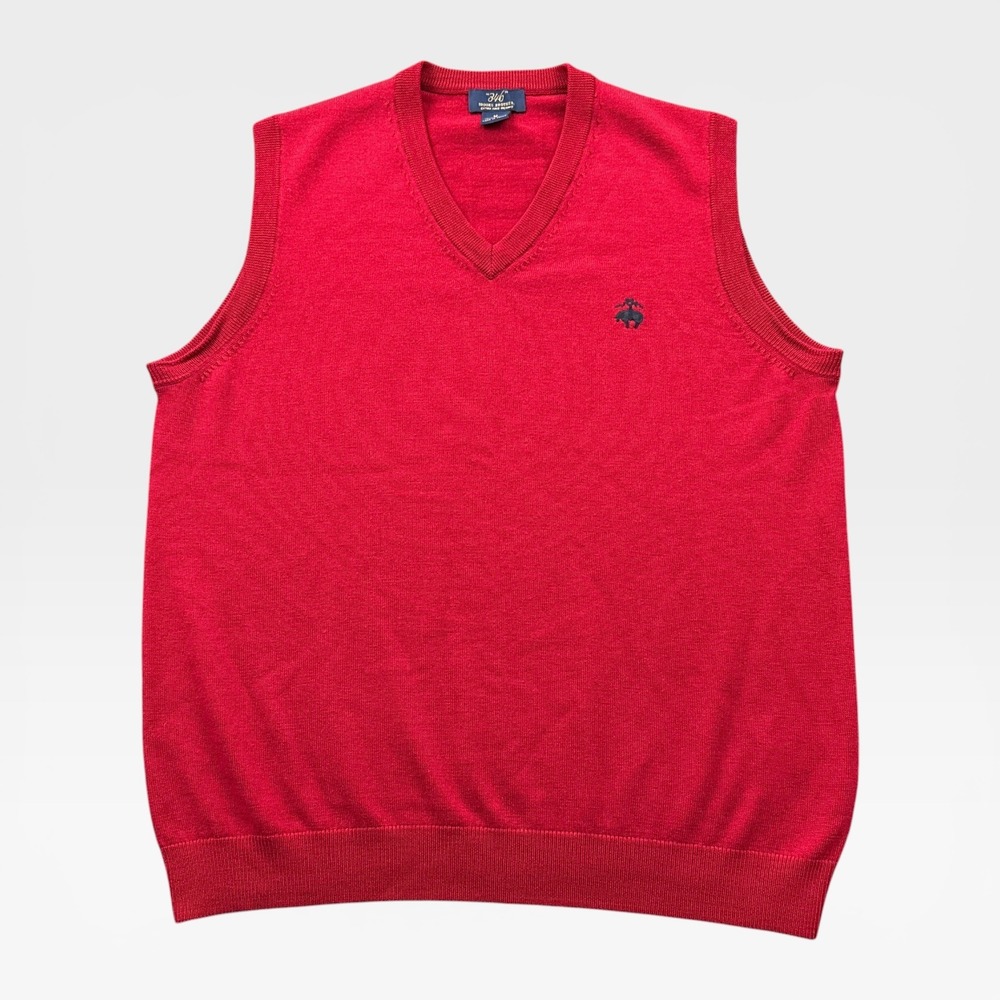 Brooks Brothers Sweater Vest Mens M Red Merino Wool V-Neck Logo 346 Line